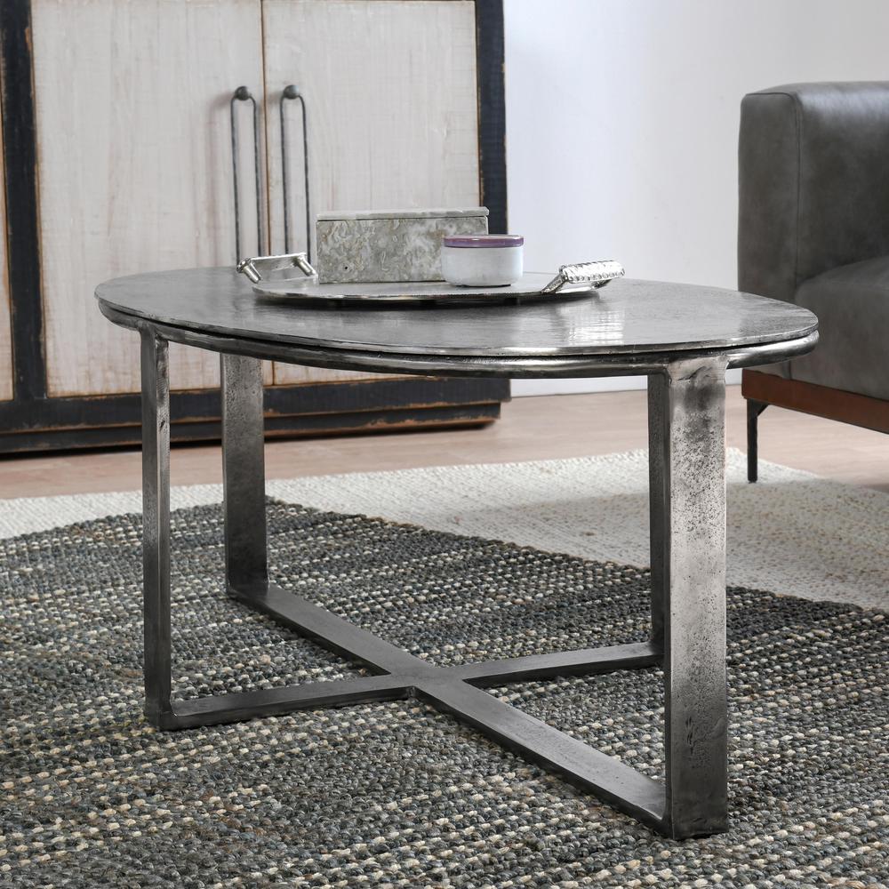 Flores 48" Industrial Oval Metal Nickel Coffee Table. Picture 10