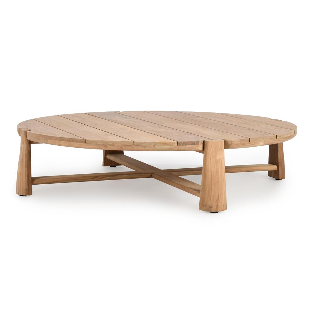 Aston 65" Round Teak Wood Outdoor Coffee Table in Natural Tone. Picture 1