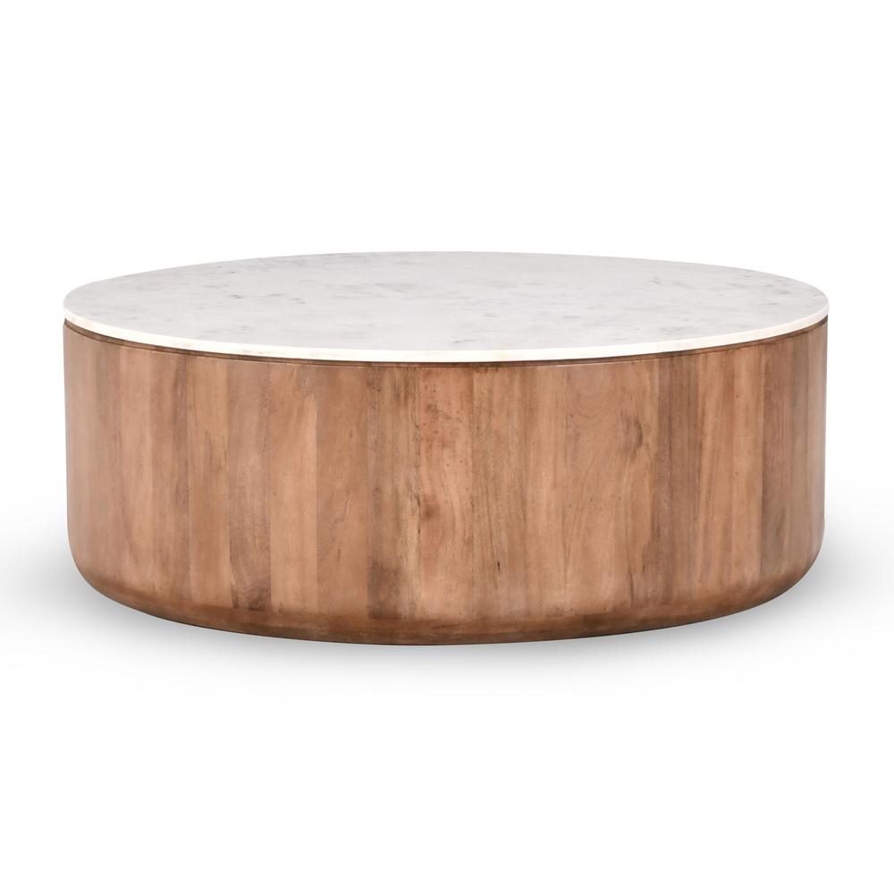 Josie 22"  Solid Wood and Marble Round Coffee Table in Brown. Picture 1