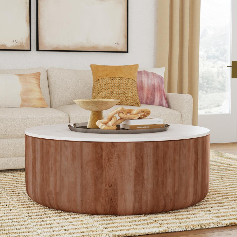 Josie 22"  Solid Wood and Marble Round Coffee Table in Brown. Picture 6
