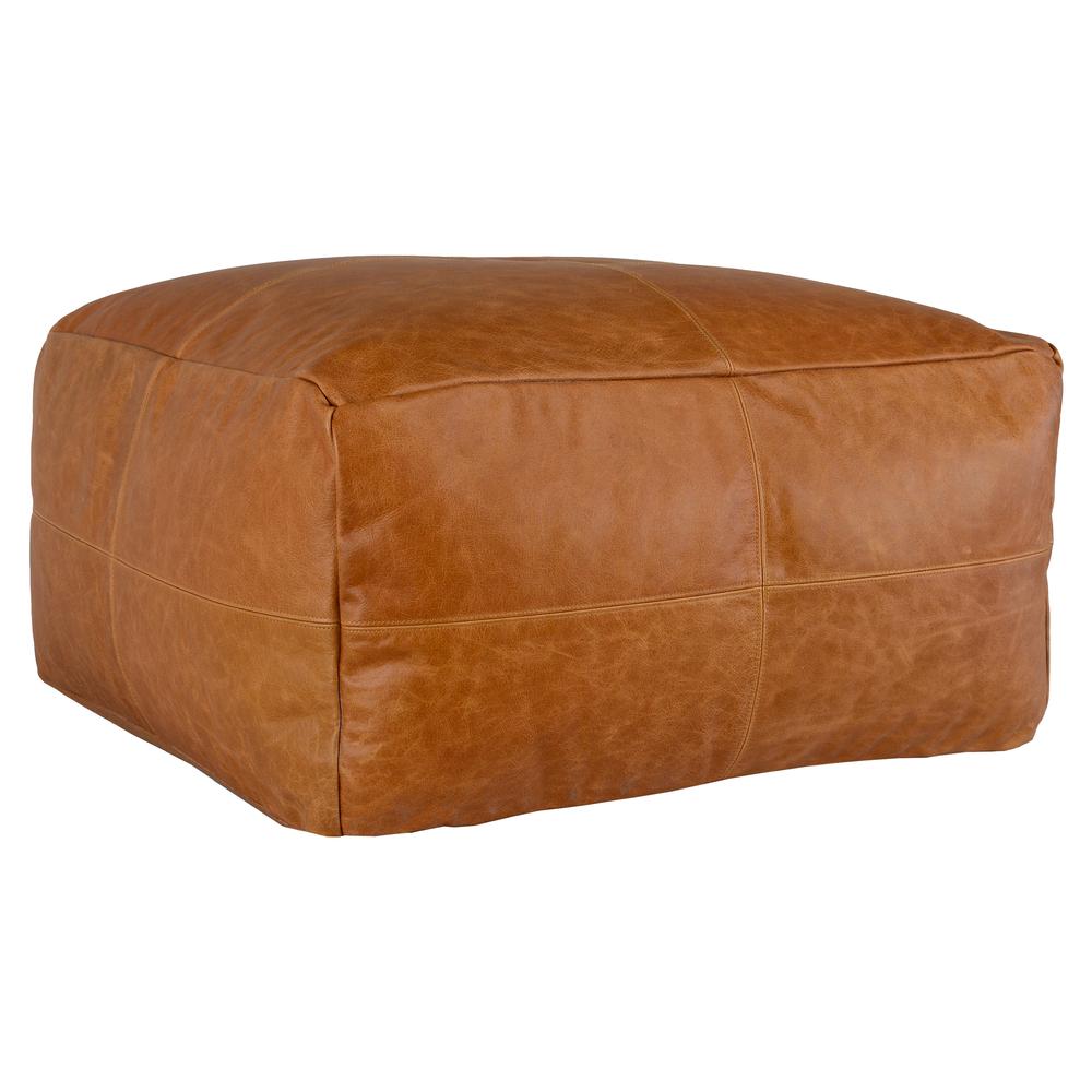 Cheyenne Genuine Leather 24" Square Brown Pouf by Kosas Home. Picture 3