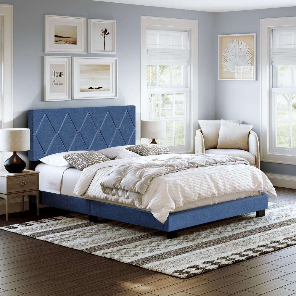 Boyd Sleep Diamond Upholstered Linen Platform Bed, Full, Blue. Picture 4