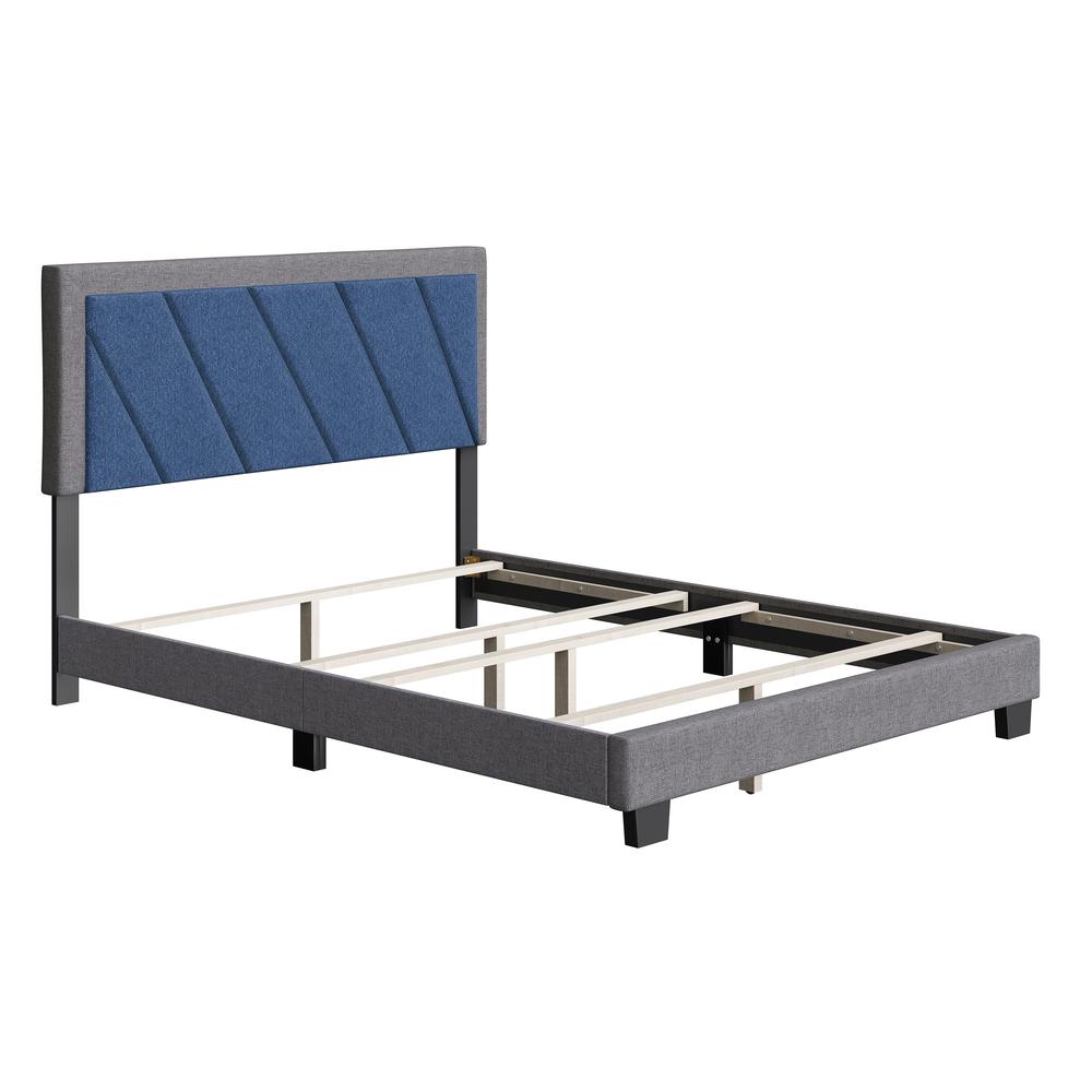 Diagonal Upholstered Linen Platform Bed, King, Blue/Gray. The main picture.