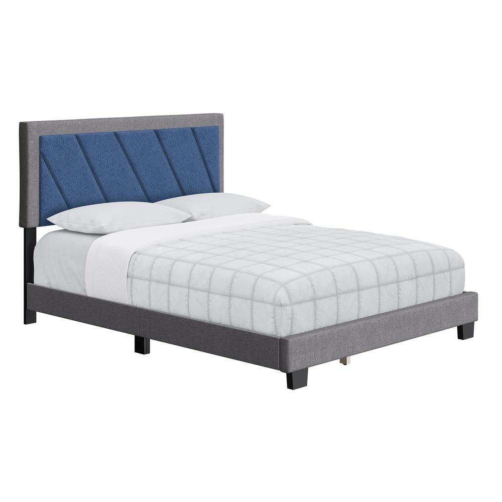 Diagonal Upholstered Linen Platform Bed, King, Blue/Gray. Picture 3