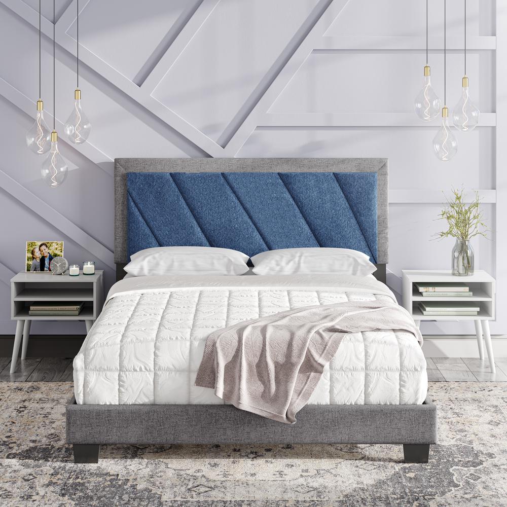 Diagonal Upholstered Linen Platform Bed, King, Blue/Gray. Picture 7