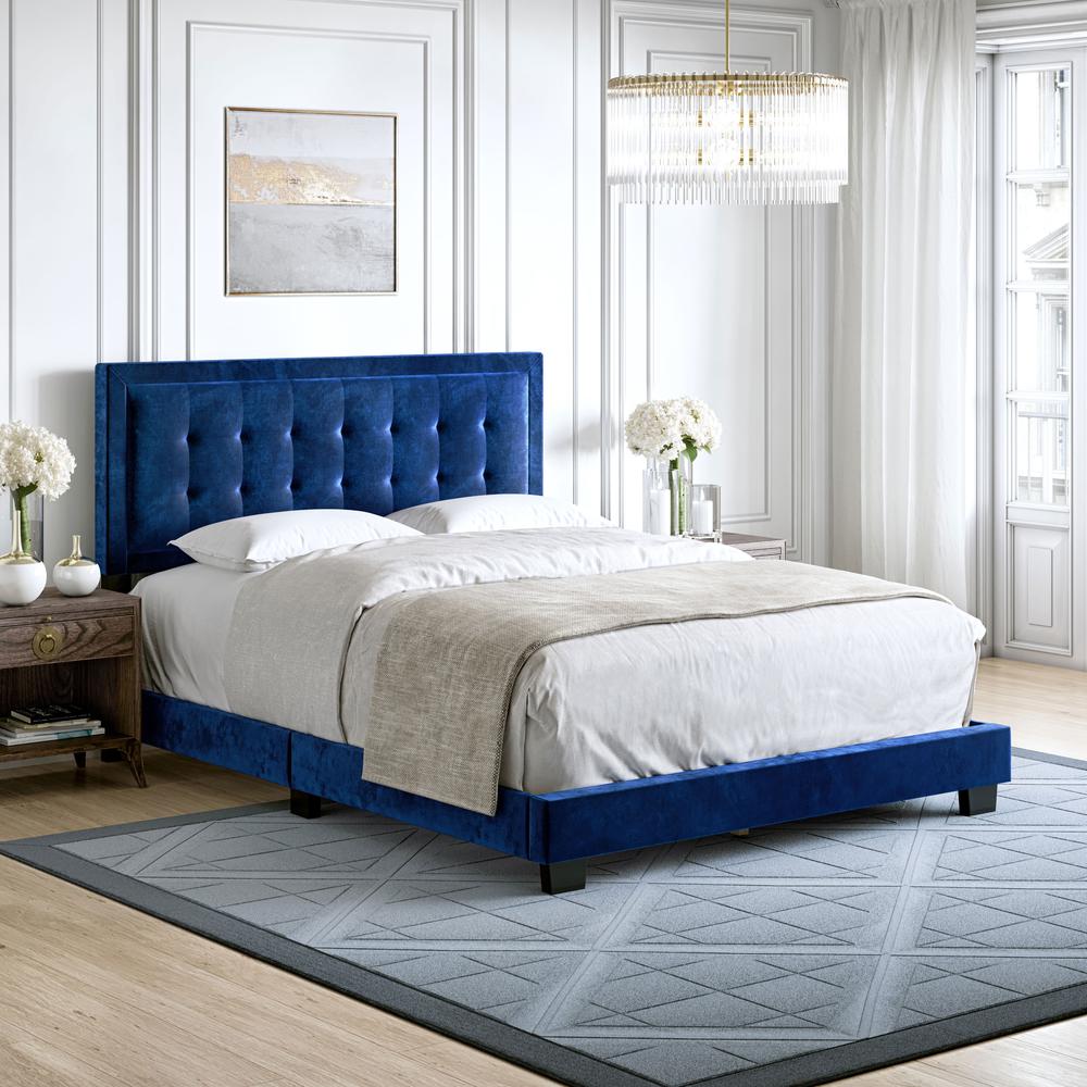 Boyd Sleep Pisa Velvet Upholstered Platform Bed Frame, Blue King. Picture 2