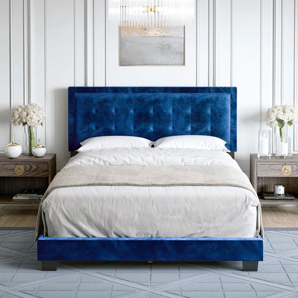Boyd Sleep Pisa Velvet Upholstered Platform Bed Frame, Blue King. Picture 6