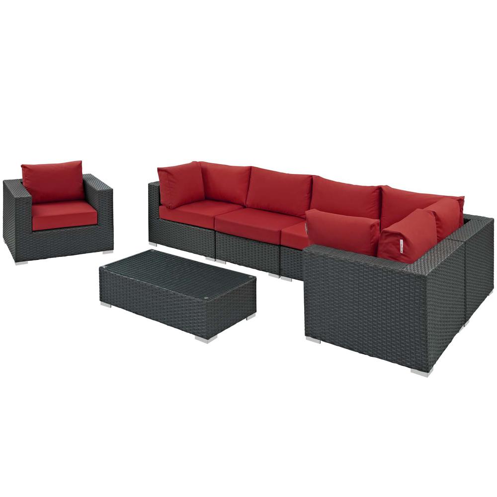 Sojourn 7 Piece Outdoor Patio Wicker Rattan Sunbrella® Sectional Set. Picture 2
