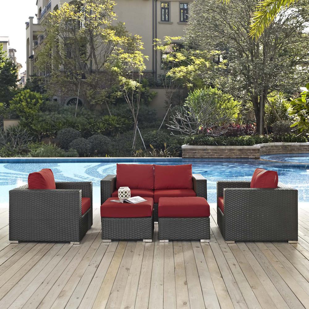 Sojourn 5 Piece Outdoor Patio Wicker Rattan Sunbrella® Sectional Set. Picture 7