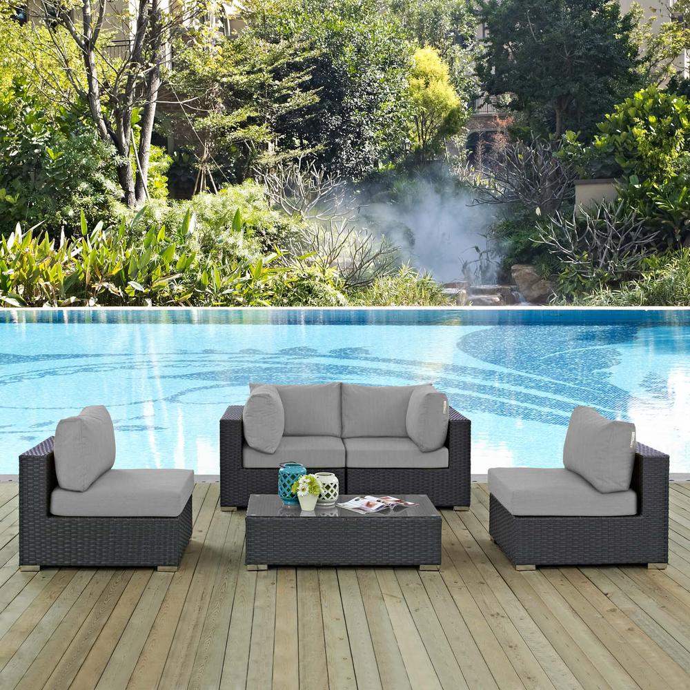 Sojourn 5 Piece Outdoor Patio Wicker Rattan Sunbrella® Sectional Set. Picture 7