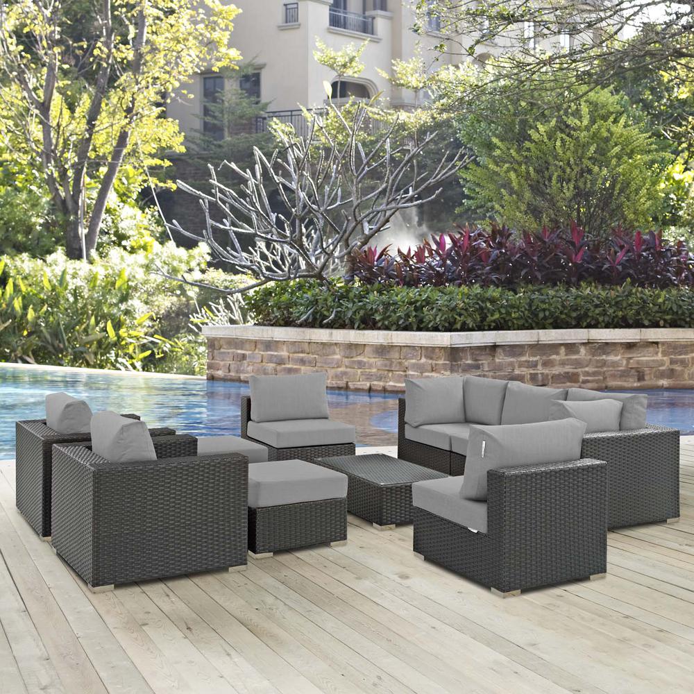 Sojourn 10 Piece Outdoor Patio Wicker Rattan Sunbrella® Sectional Set. Picture 9