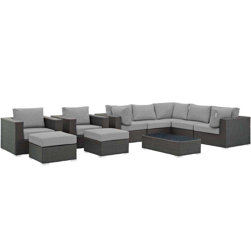 Sojourn 10 Piece Outdoor Patio Wicker Rattan Sunbrella® Sectional Set. Picture 1