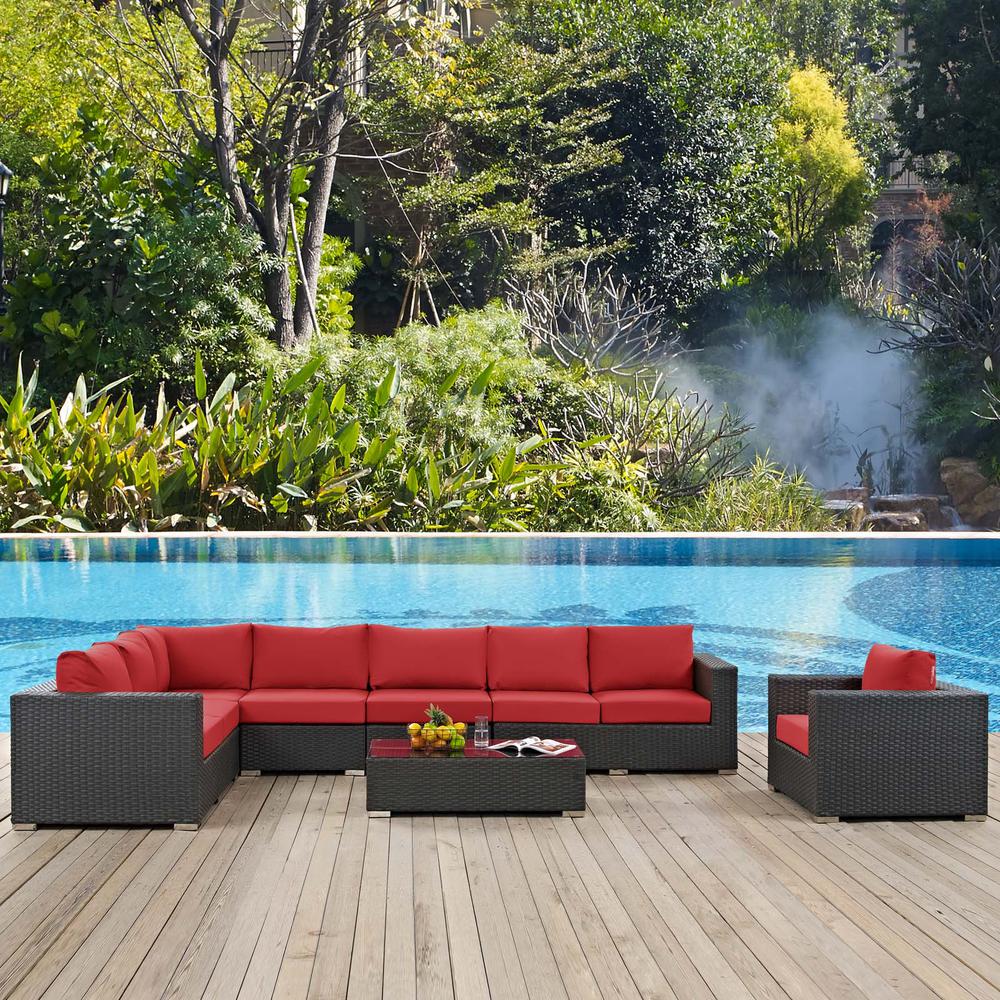 Sojourn 7 Piece Outdoor Patio Wicker Rattan Sunbrella® Fabric Sectional Set. Picture 9