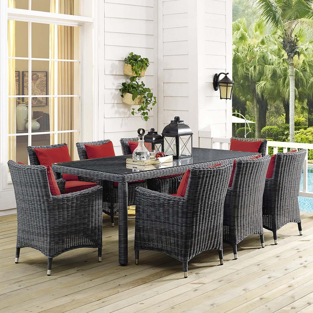 Summon 9 Piece Outdoor Patio Wicker Rattan Sunbrella® Fabric Dining Set. Picture 7
