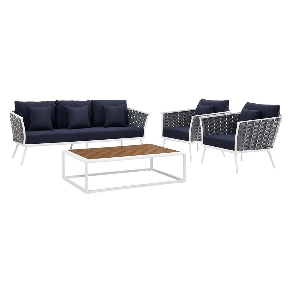 Stance 4 Piece Outdoor Patio Aluminum Sectional Sofa Set - White Navy EEI-3167-WHI-NAV-SET. Picture 1