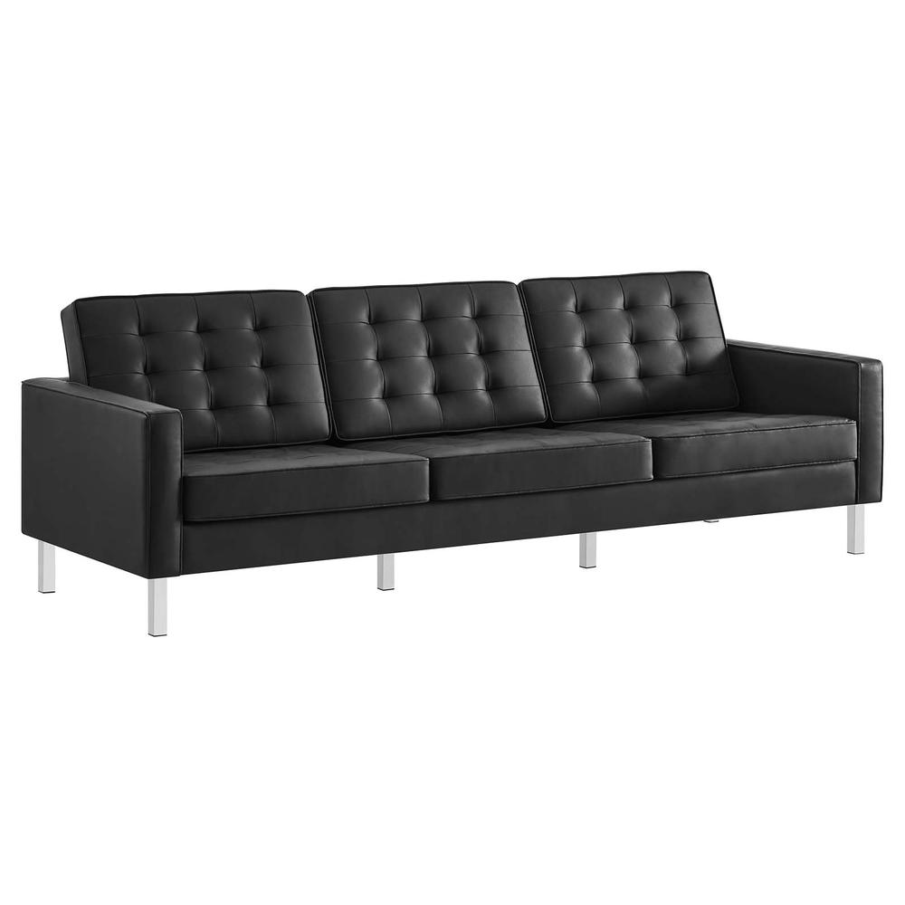 Loft Tufted Upholstered Faux Leather Sofa - Silver Black EEI-3385-SLV-BLK. Picture 1