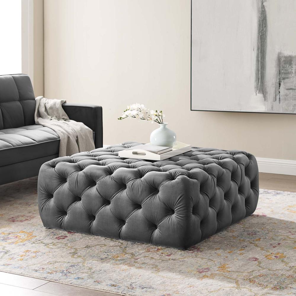 Amour Tufted Button Large Square Performance Velvet Ottoman. Picture 6