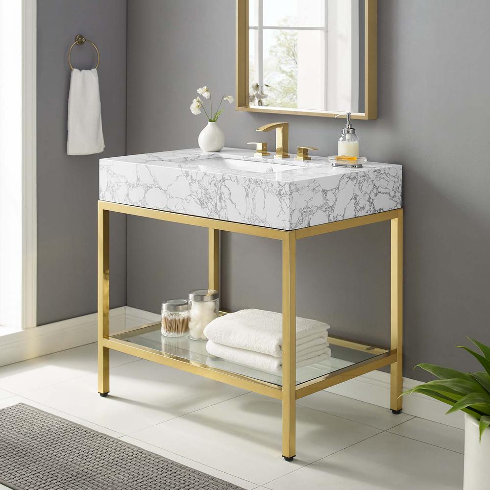 Kingsley 36" Gold Stainless Steel Bathroom Vanity. Picture 9