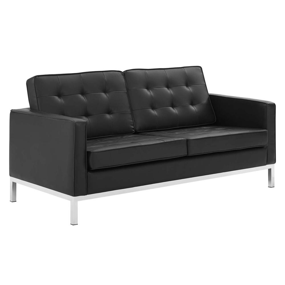 Loft Tufted Upholstered Faux Leather Loveseat and Armchair Set - Silver Black EEI-4102-SLV-BLK-SET. Picture 2