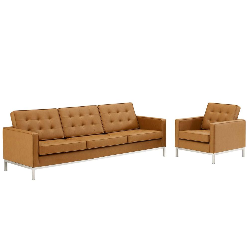 Loft Tufted Upholstered Faux Leather Sofa and Armchair Set - Silver Tan EEI-4104-SLV-TAN-SET. The main picture.