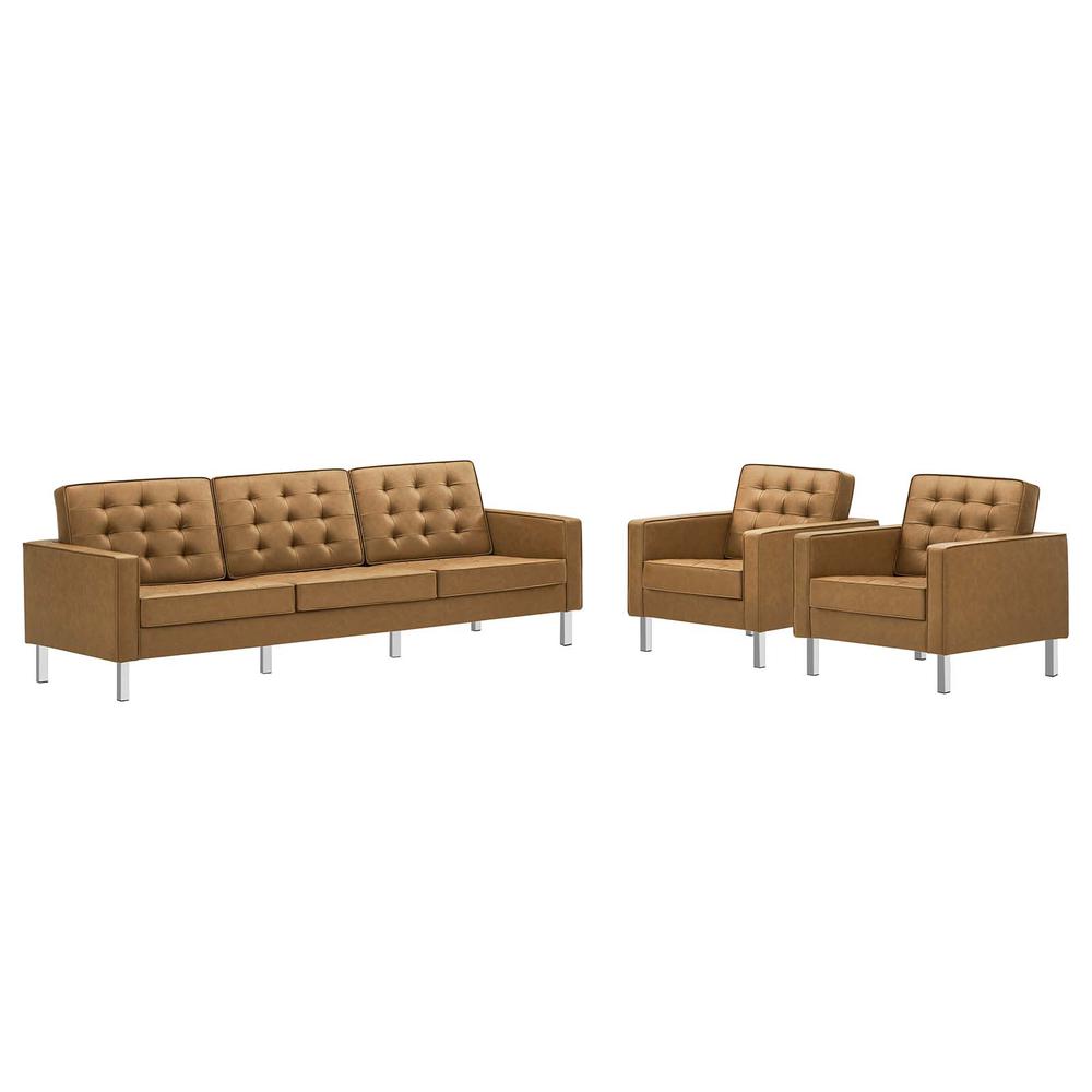 Loft 3 Piece Tufted Upholstered Faux Leather Set - Silver Tan EEI-4105-SLV-TAN-SET. The main picture.