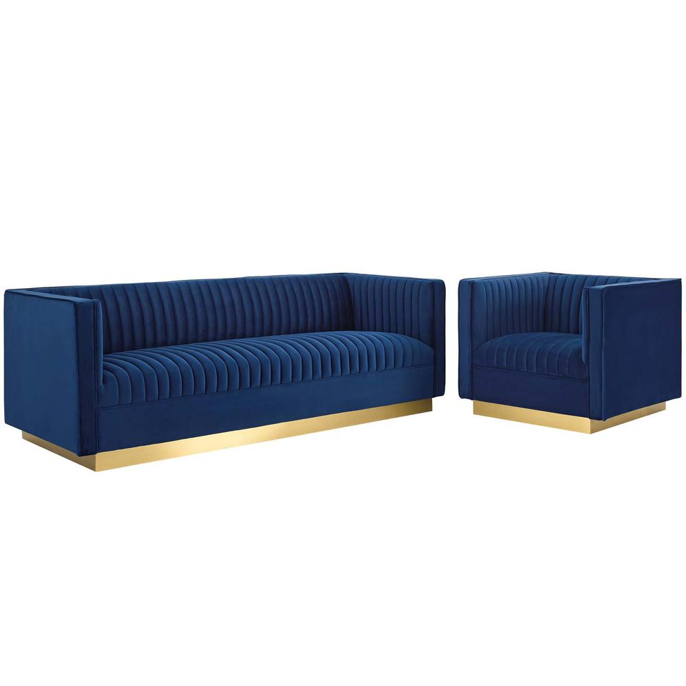 Sanguine Vertical Channel Tufted Upholstered Performance Velvet Sofa and Armchair Set - Navy EEI-4143-NAV-SET. Picture 1