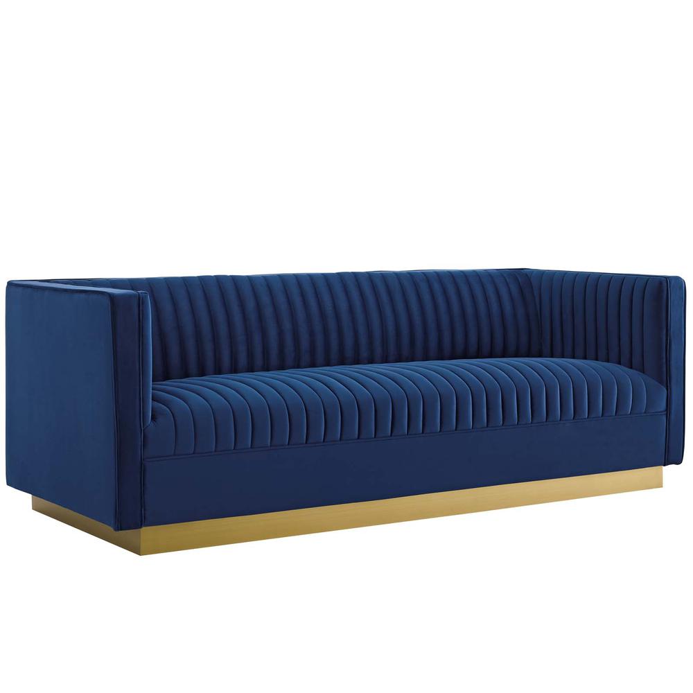 Sanguine Vertical Channel Tufted Upholstered Performance Velvet Sofa and Armchair Set - Navy EEI-4143-NAV-SET. Picture 2