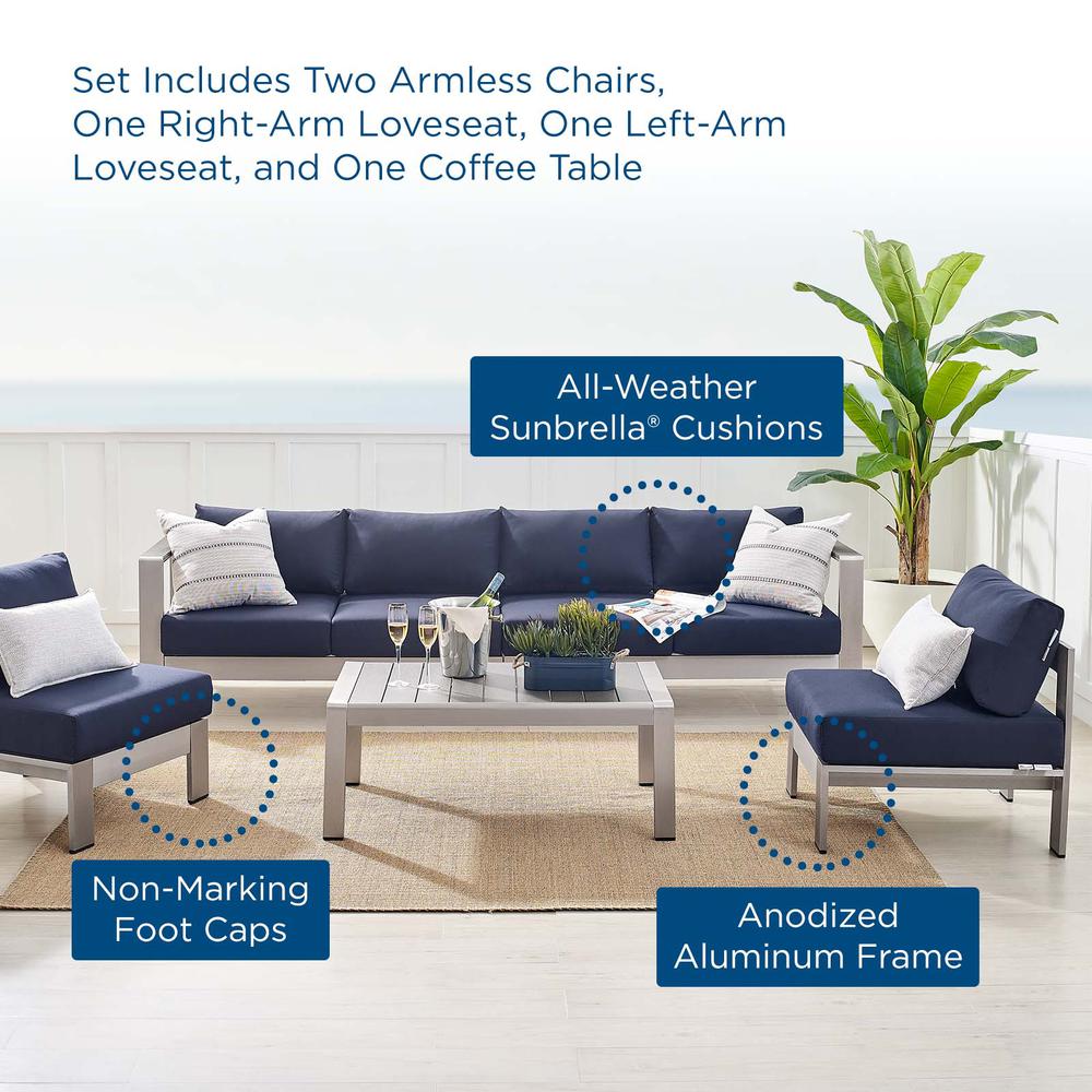 Shore Sunbrella® Fabric Outdoor Patio Aluminum 5 Piece Sectional Sofa Set - Silver Navy EEI-4318-SLV-NAV-SET. Picture 14