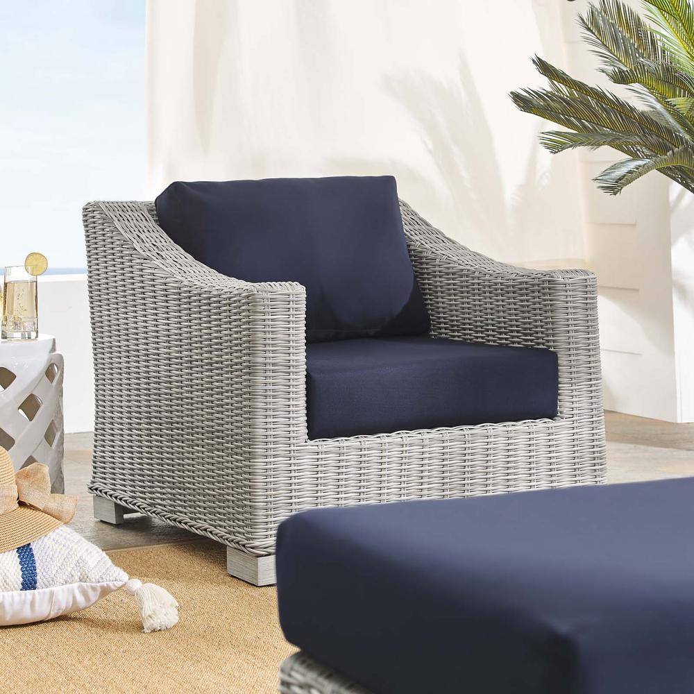 Conway Sunbrella Outdoor Patio Wicker Rattan 2-Piece Armchair and Ottoman Set. Picture 10