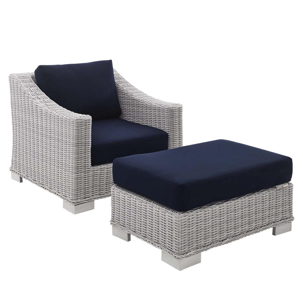 Conway Sunbrella Outdoor Patio Wicker Rattan 2-Piece Armchair and Ottoman Set. Picture 1