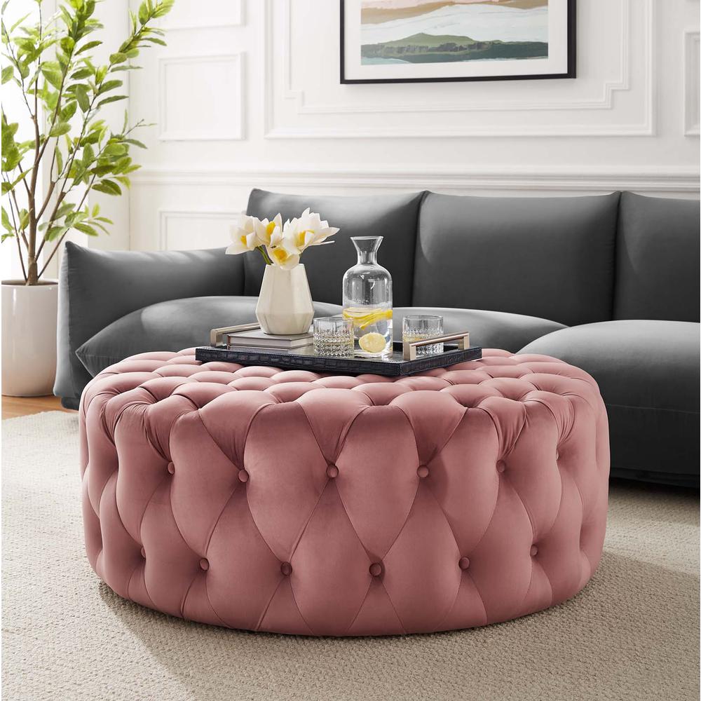 Amour Tufted Button Large Round Performance Velvet Ottoman. Picture 6