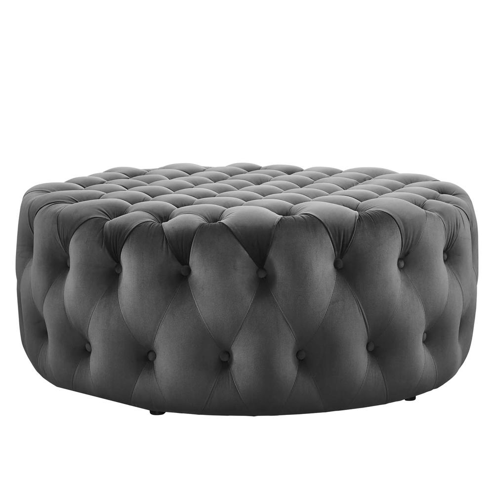 Amour Tufted Button Large Round Performance Velvet Ottoman. Picture 3