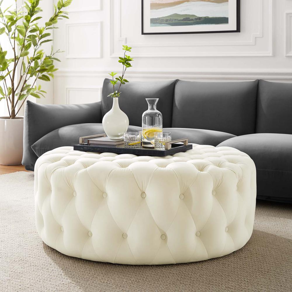 Amour Tufted Button Large Round Performance Velvet Ottoman. Picture 6