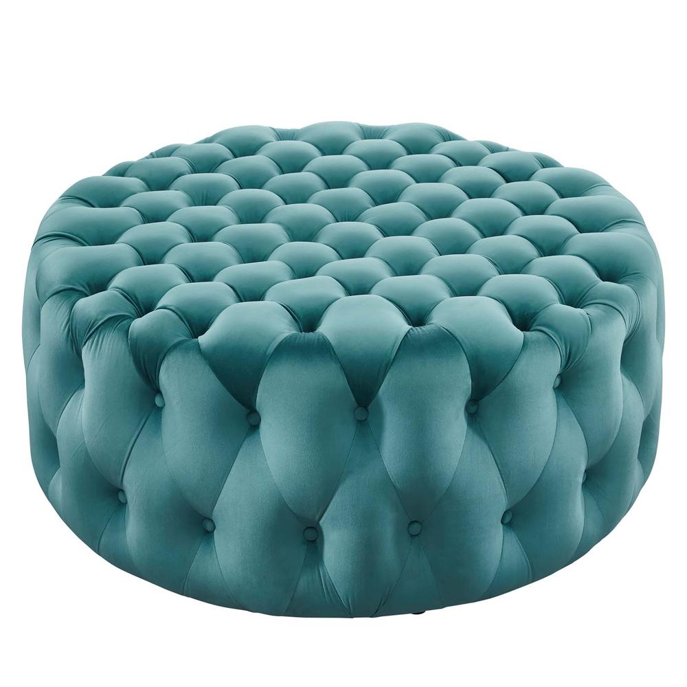 Amour Tufted Button Large Round Performance Velvet Ottoman. Picture 1
