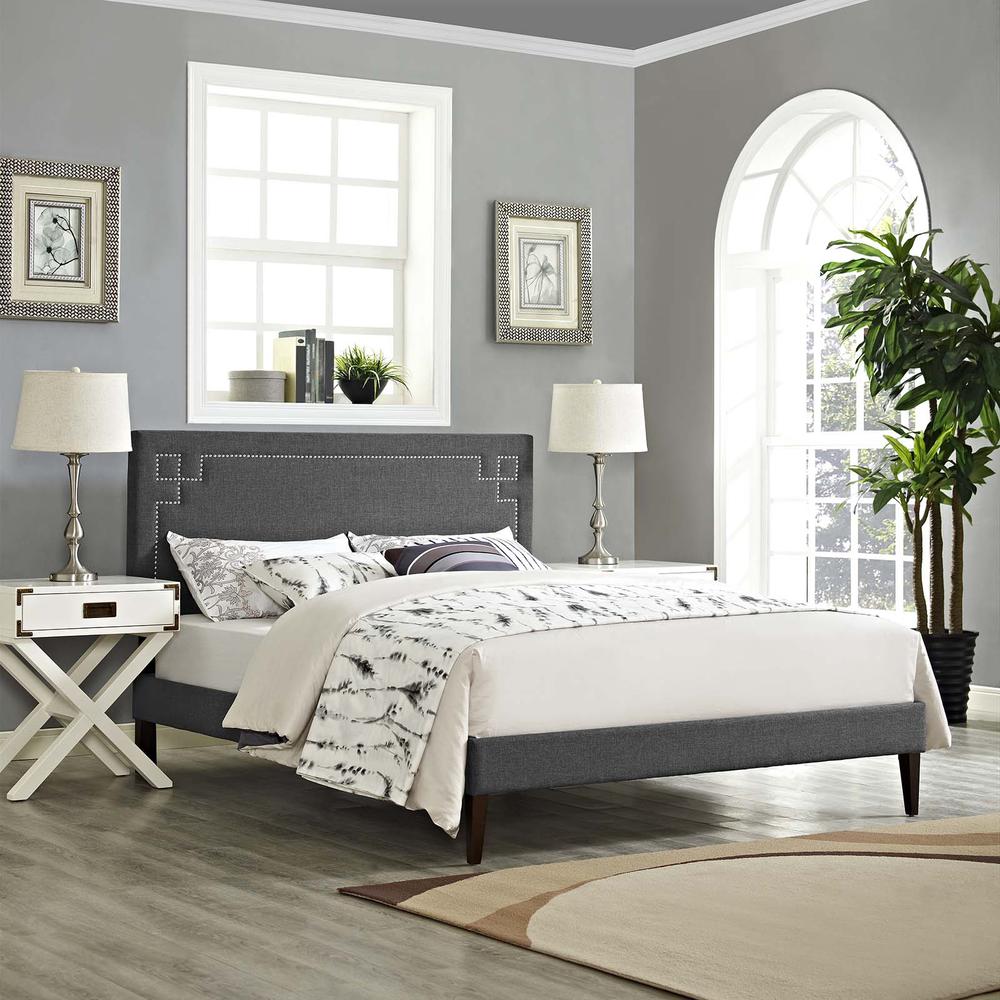 Ruthie Queen Fabric Platform Bed with Squared Tapered Legs. Picture 6