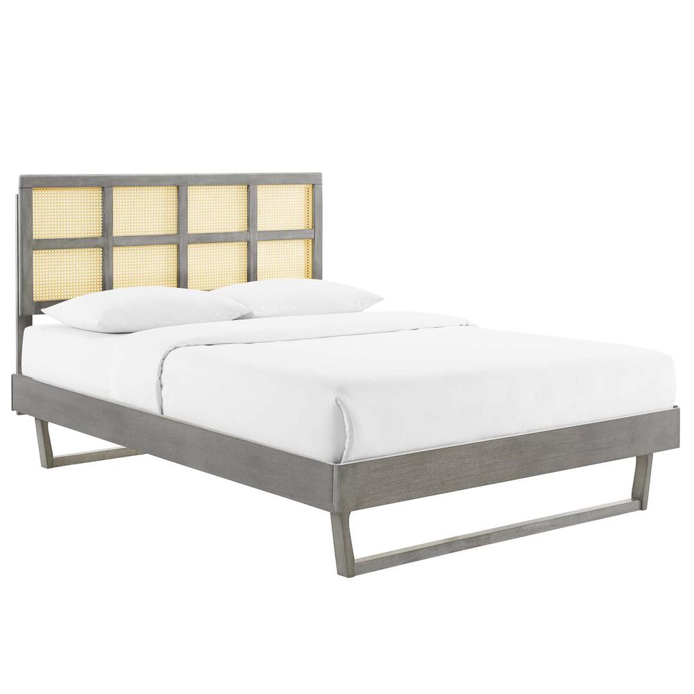 Sidney Cane and Wood Queen Platform Bed With Angular Legs. Picture 1