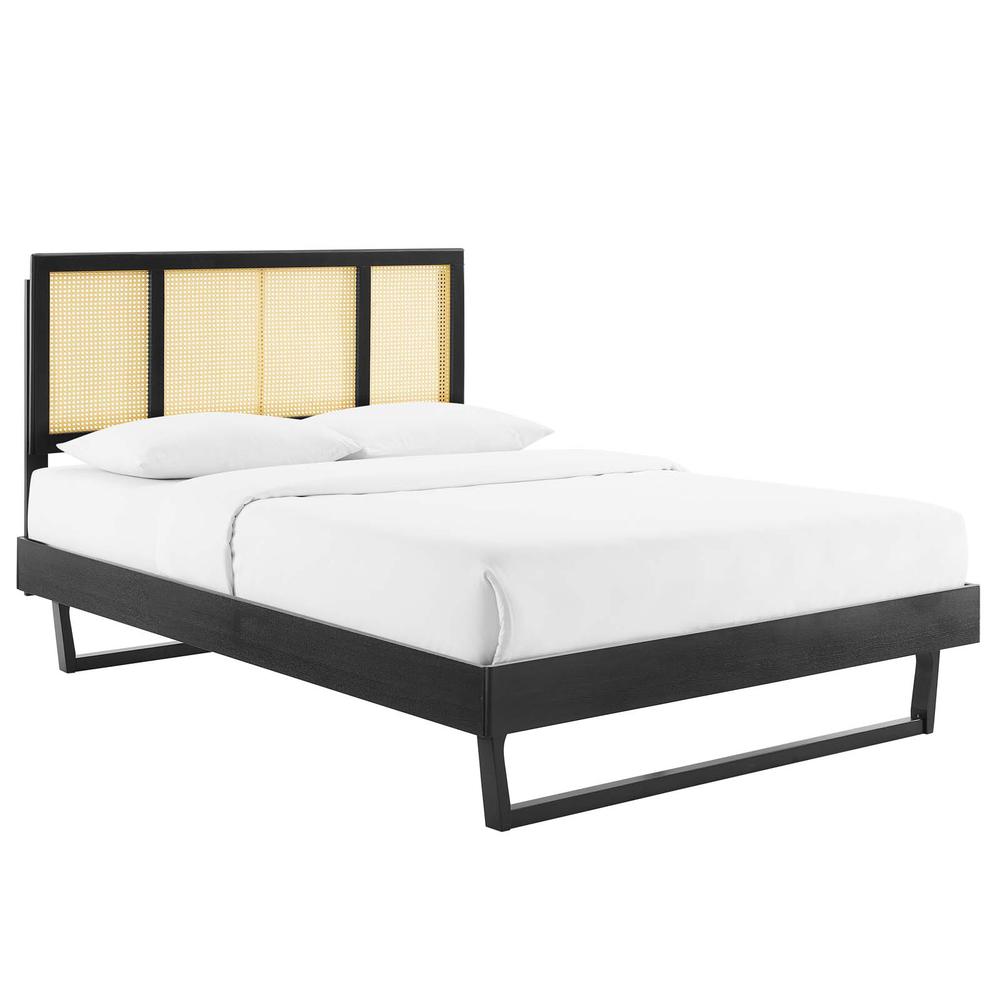 Kelsea Cane and Wood Full Platform Bed With Angular Legs. Picture 1