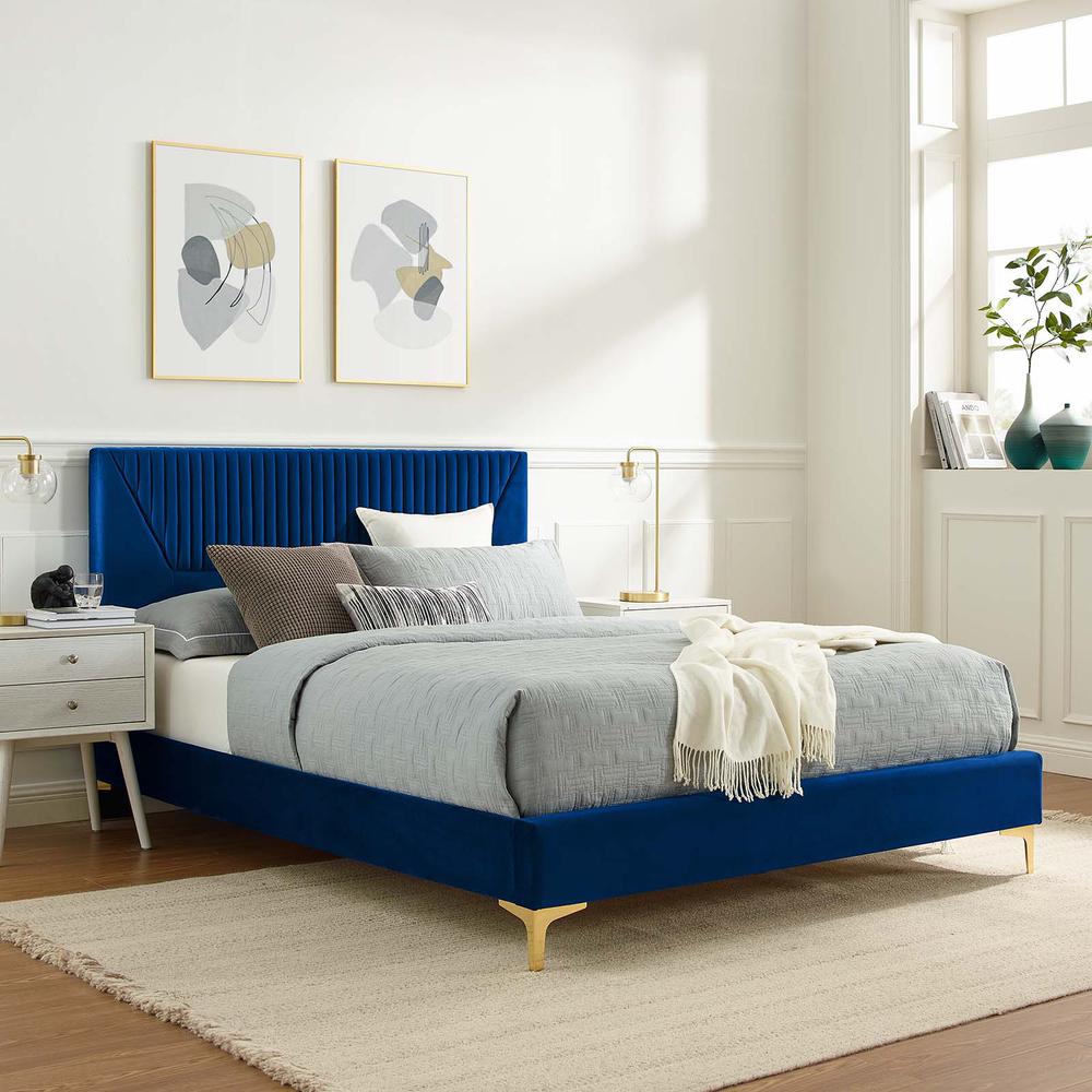 Yasmine Channel Tufted Performance Velvet Twin Platform Bed. Picture 8