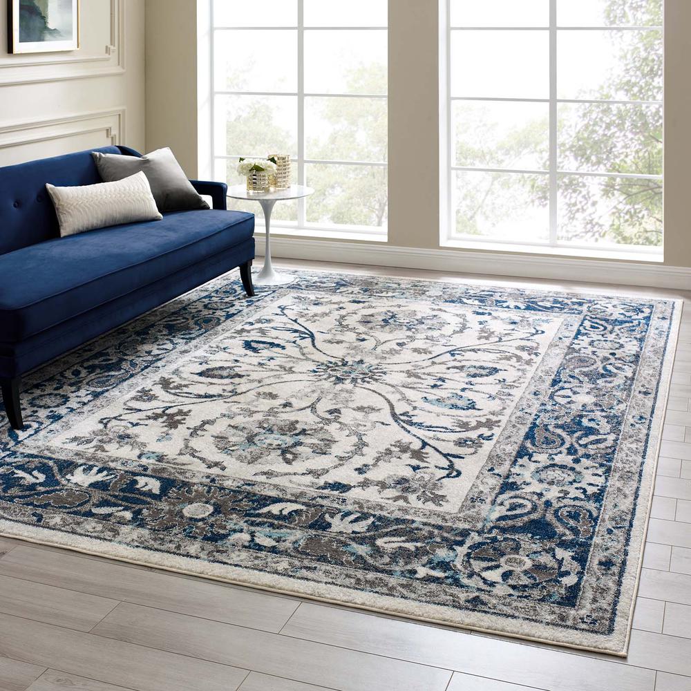 Entourage Samira Distressed Vintage Floral Persian Medallion 8x10 Area Rug - Ivory and Blue R-1174B-810. Picture 8