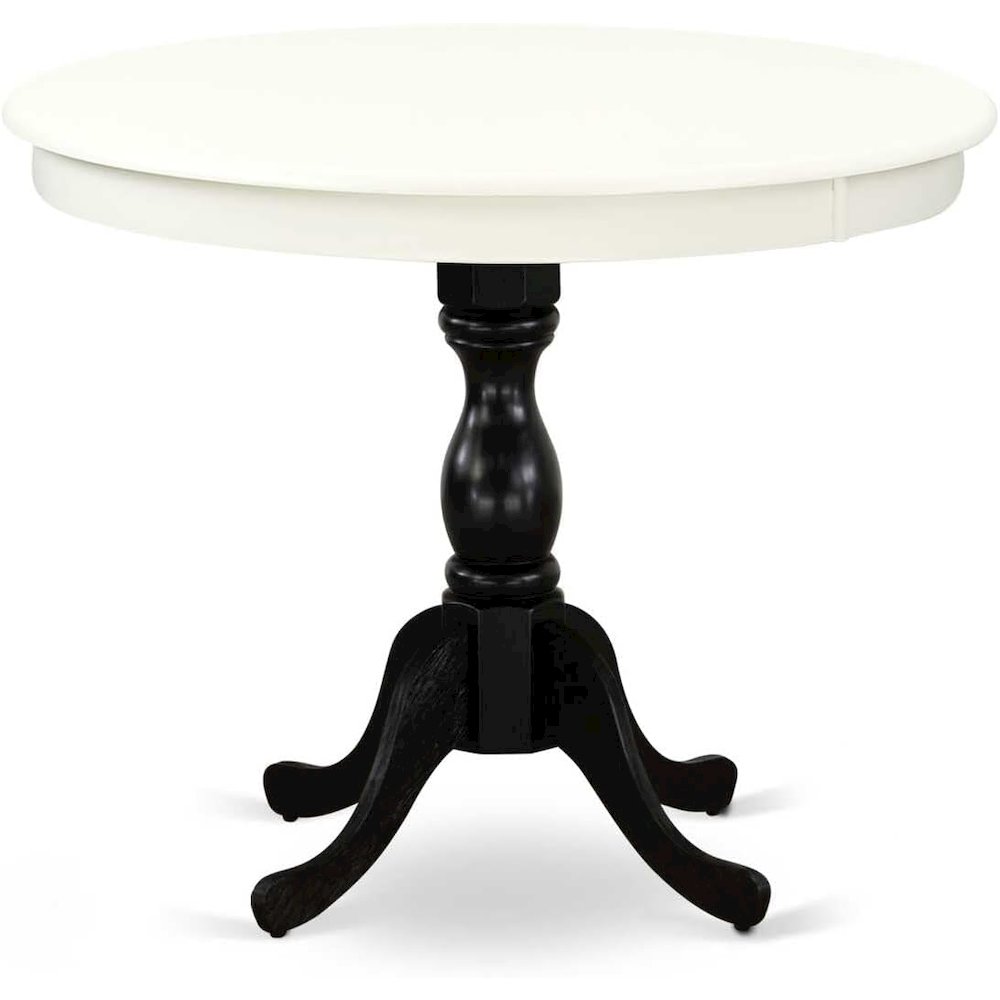 East West Furniture Antique 36" Round Kitchen Table for Small Space - Linen White Top & Black Pedestal. Picture 1
