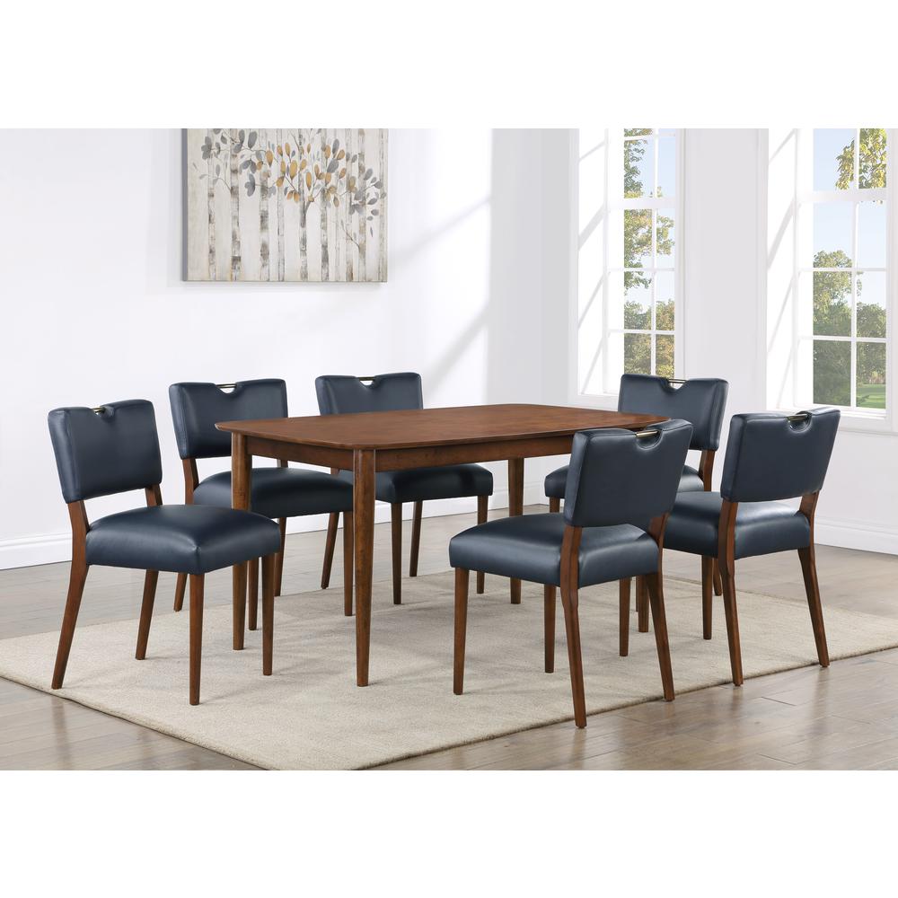 Bonito Midnight Blue Faux Leather 7PC Dining Set in Walnut Finish. Picture 1