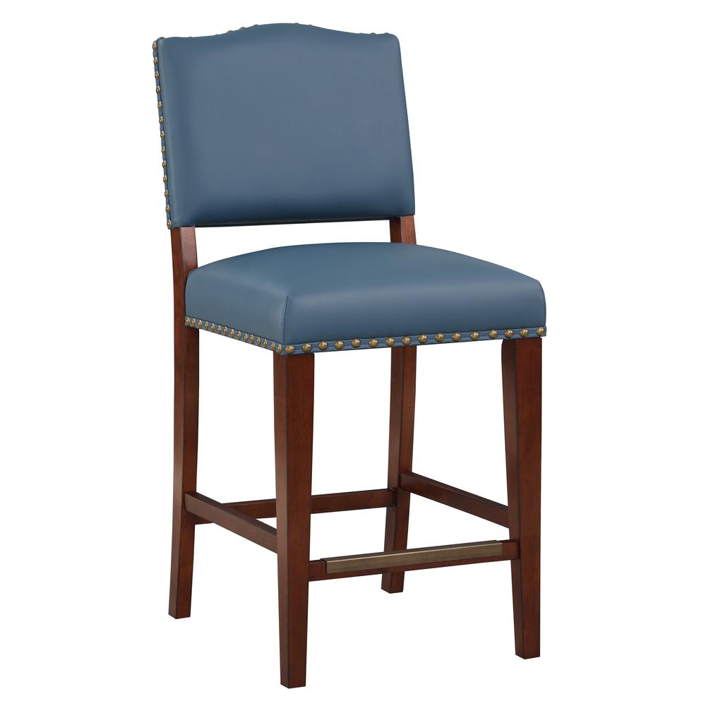 Denver Stationary Faux Leather Blue Counter Stool with Nail Heads. Picture 2