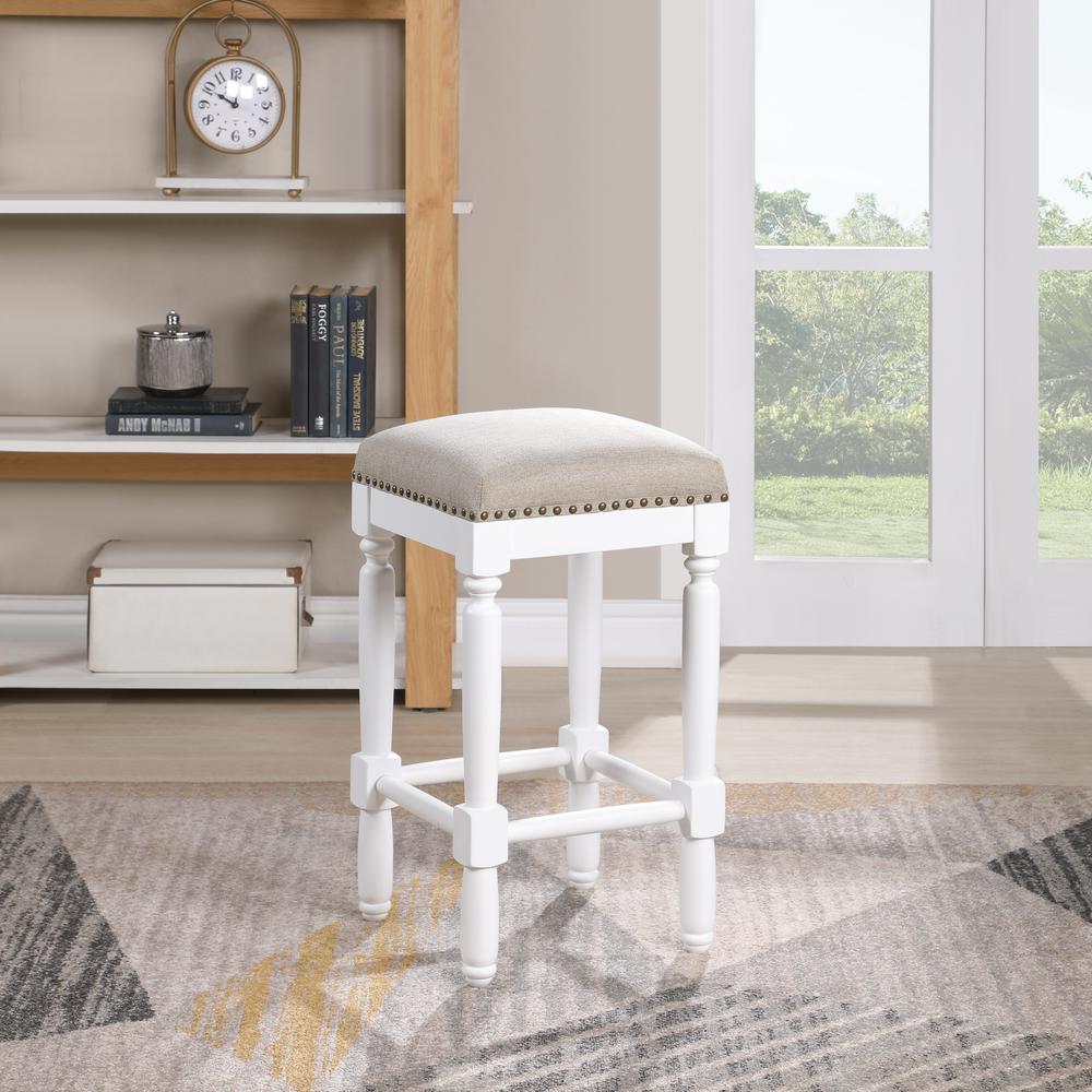 Farmington White Turned Leg Counter Stool with Taupe Upholstered Seat. Picture 8