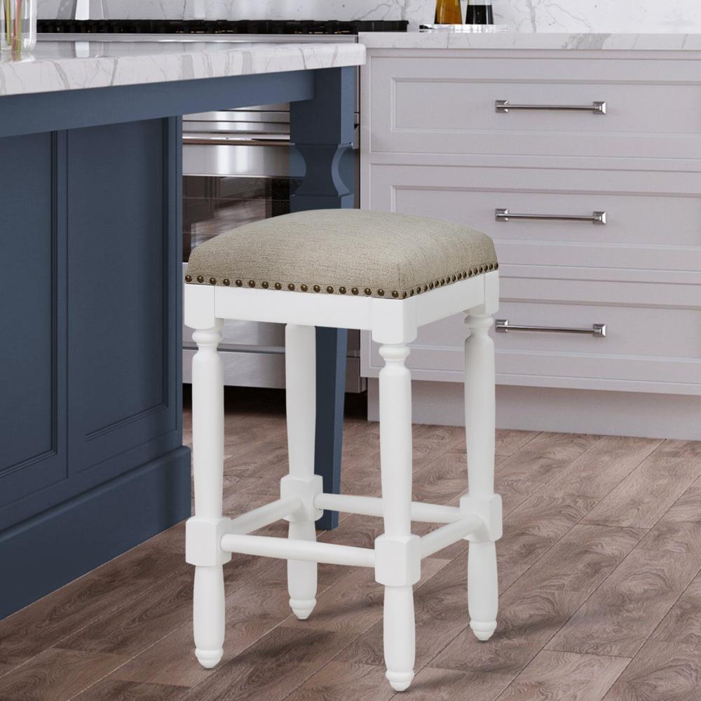 Farmington White Turned Leg Counter Stool with Taupe Upholstered Seat. Picture 7