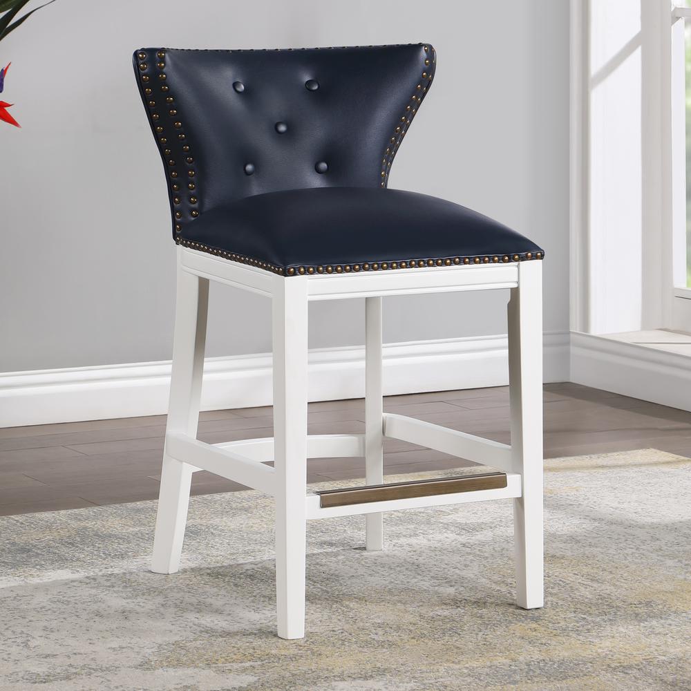 Marco Midnight Blue Faux Leather and White Wood Counter Stool. Picture 9