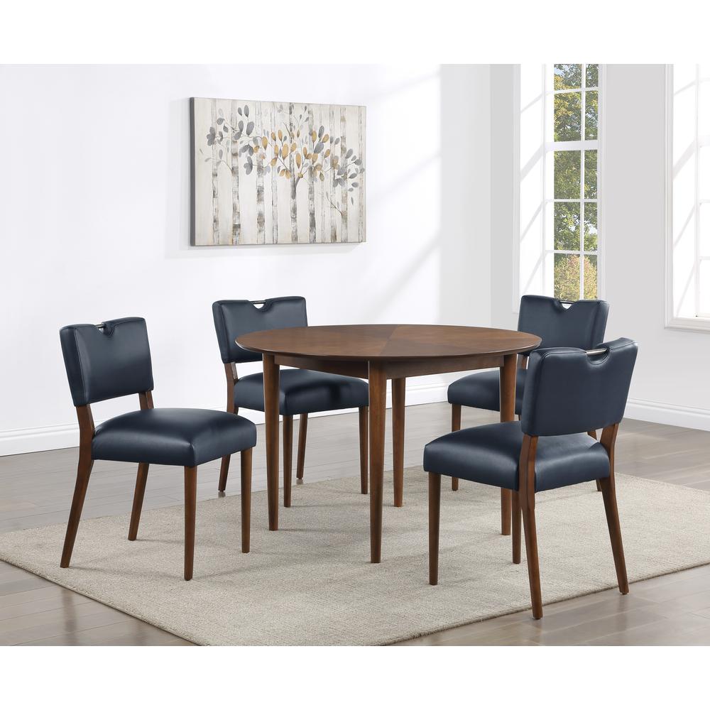 Bonito Midnight Blue Faux Leather 5-Piece Dining Set in Walnut Finish. Picture 1