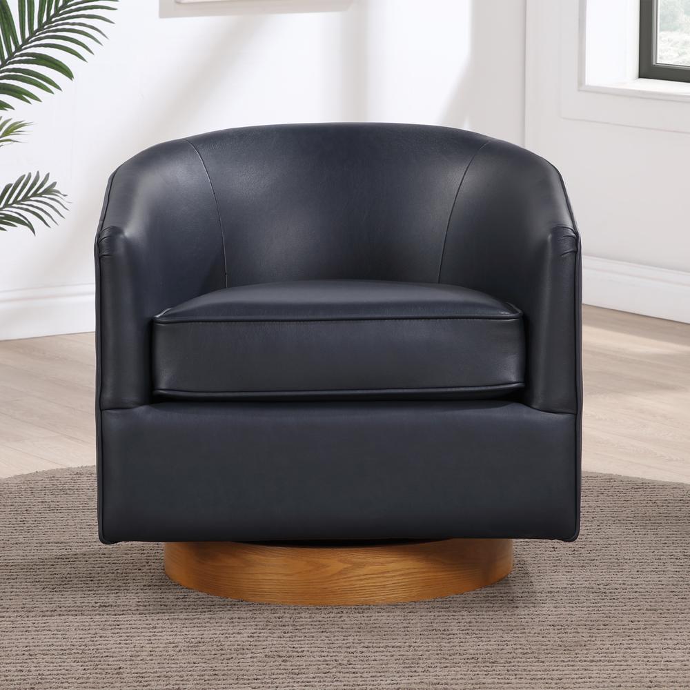 Irving Midnight Blue Faux Leather Wood Base Barrel Swivel Chair. Picture 14