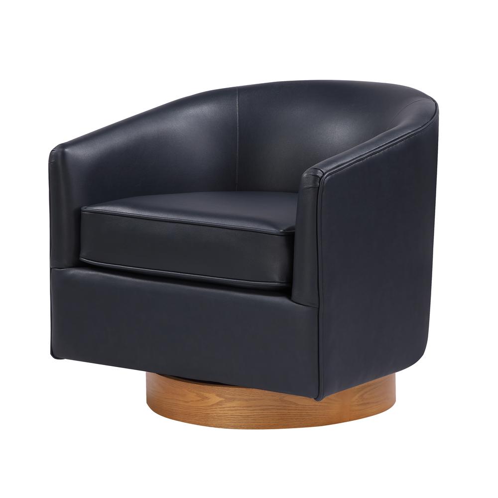 Irving Midnight Blue Faux Leather Wood Base Barrel Swivel Chair. Picture 1