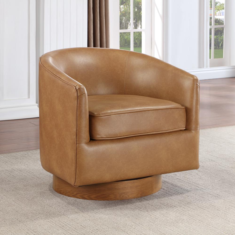 Irving Saddle Faux Leather Wood Base Barrel Swivel Chair. Picture 15
