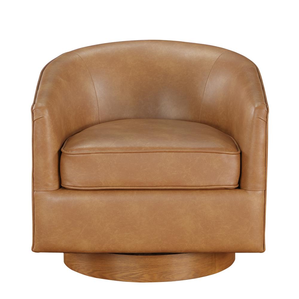 Irving Saddle Faux Leather Wood Base Barrel Swivel Chair. Picture 1